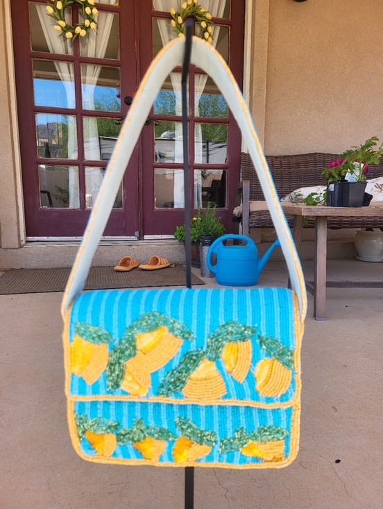 Handbags - Hand-Beaded Blue & Gold Striped Lemon Motif Shoulder Bag.